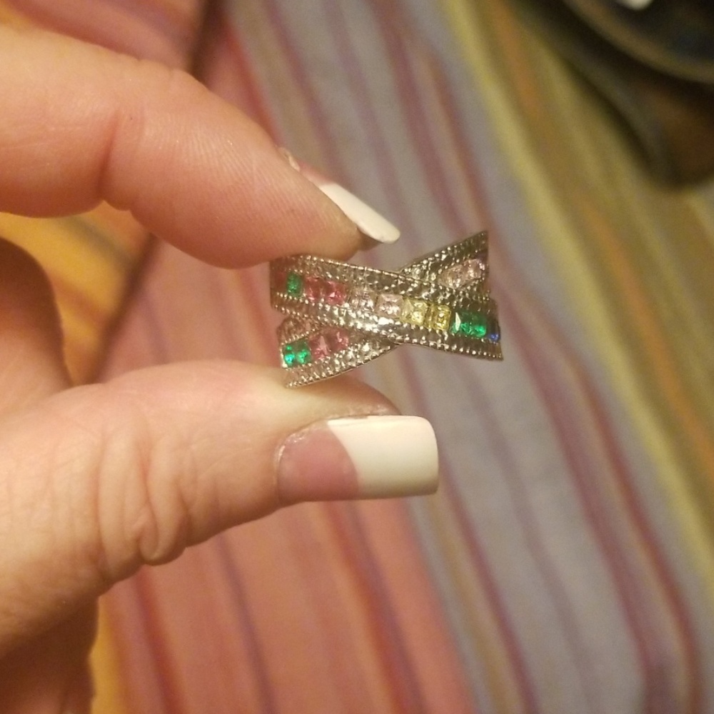 Silver Plated Size 9 Multicolored Gemstone Ring